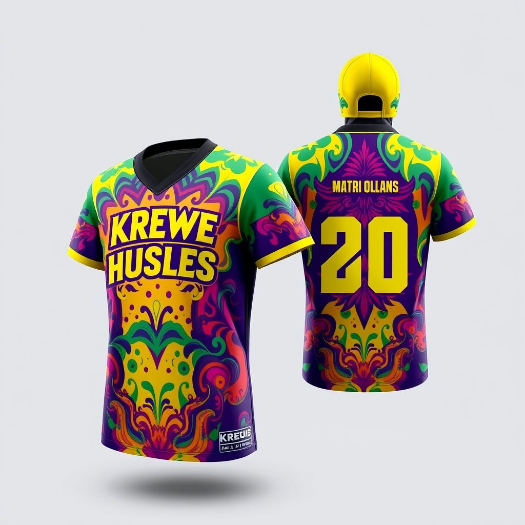 mockup design, Design a vibrant, unisex jersey for Krewe Of Hustlers that captures the essence of New Orleans' street style. Incorporate bold Mardi Gras colors and playful graphics reflecting party culture and urban vibes. Feature eye-catching elements like matching short sets and SnapBack caps. Ensure the design appeals to both Millennials and parents, highlighting comfort and style for festivals.