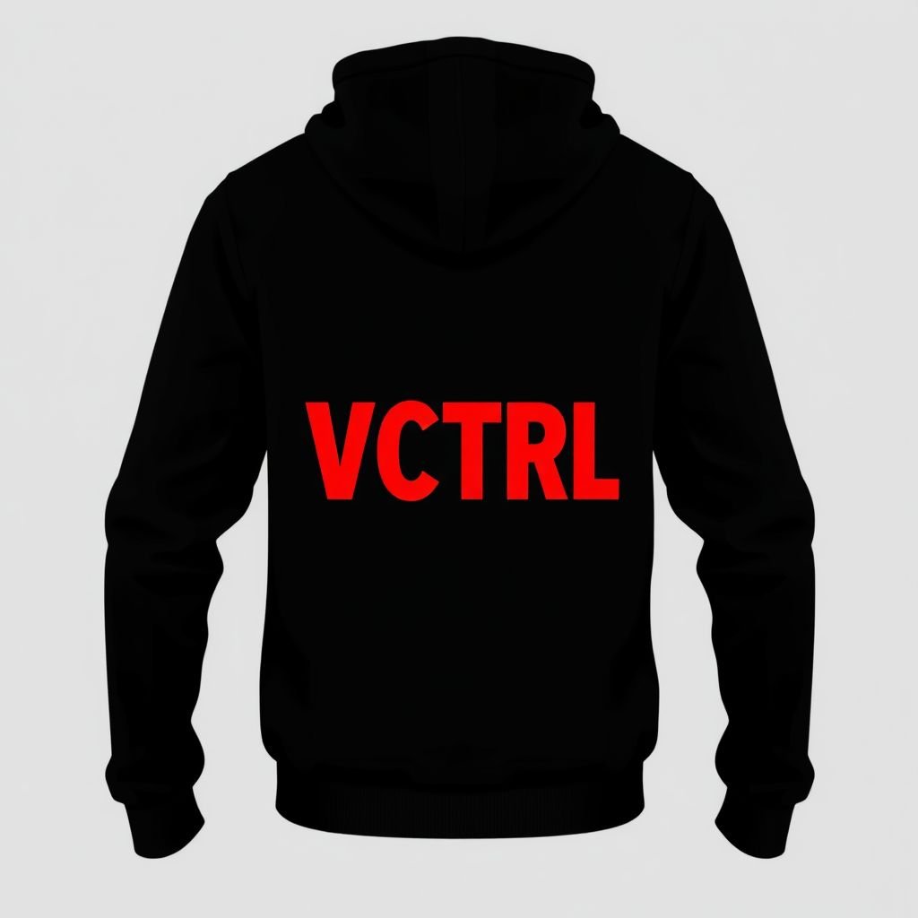 mockup design, Design a stylish black hoodie featuring an eye-catching large print of the bold "VCTRL" text in vibrant red on the back. The front should be minimalistic with a small monochrome logo on the left chest. Include a relaxed fit with a cozy kangaroo pocket, perfect for casual wear or street style.