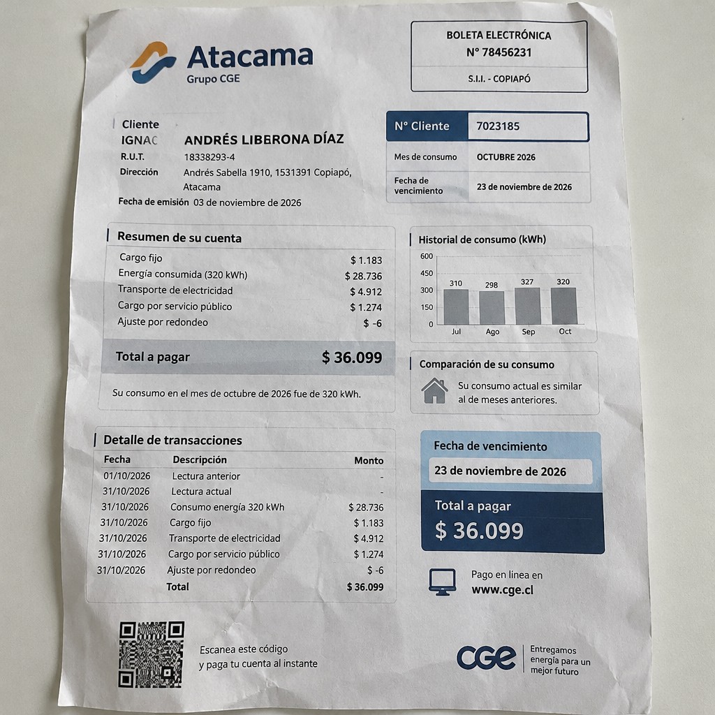Create a statement, an electricity bill in CHILE. The A4 statement should be realistic, as if it were photographed on a phone. The document should be on a white background. The document must be for the last 3 months of October 2026. The document should contain several transactions and be wrinkled at the edges.
Name IGNACIO ANDRÉS LIBERONA DÍAZ
Address Andrés Sabella 1910, 1531391 Copiapó, Atacama
R.U.T. 18338293-4
Date of birth 15.12.1992