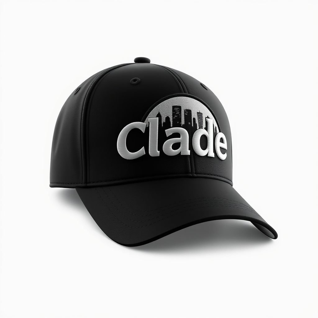 mockup design, Design a sleek black baseball hat featuring the brand name "Clade" prominently embroidered in bold, modern font. Behind the text, incorporate a circular city skyline graphic, capturing iconic silhouettes of urban architecture. The hat should blend urban style with a touch of sophistication, appealing to trendsetters and city enthusiasts alike.