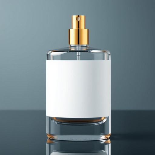 mockup design, Create a sophisticated mockup featuring a clear glass perfume bottle with a gold spray top and lid. The plain white label should elegantly wrap around the bottle for three-quarters of its height, providing ample space for minimalist branding. Include subtle reflections and soft lighting to enhance the luxurious appeal.