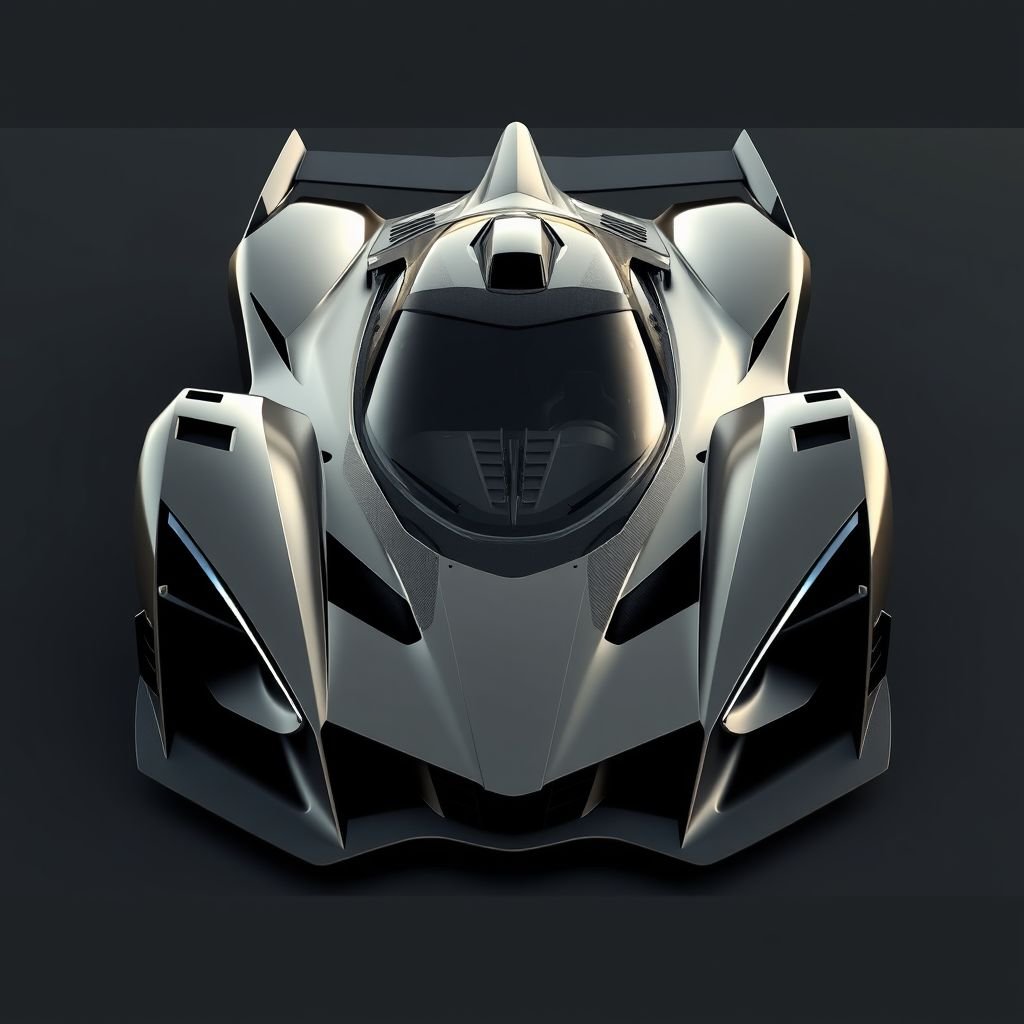 mockup design, Design an ultra-aggressive and aerodynamically refined hypercar that embodies peak performance. Envision a wide, low-slung stance that grips the asphalt, with sharp, angular lines reminiscent of a fighter jet. Highlight features like a menacing front splitter, deep air intakes, and razor-thin LED headlights. Use carbon fiber for both aesthetics and function, showcasing the intricate front fascia and towering rear wing. A single-seat cockpit, visible through a futuristic canopy, complements a sleek central fin that enhances its sci-fi allure—perfect for a high-speed race or an action-packed cinematic moment. Ideal for showcasing innovation in automotive design.