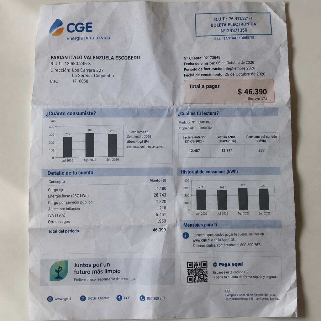 Create a statement, an electricity bill in CHILE. The A4 statement should be realistic, as if it were photographed on a phone. The document should be on a white background. The document must be for the last 3 months of October 2026. The document should contain several transactions and be wrinkled at the edges.
Name FABIÁN ÍTALO VALENZUELA ESCOBEDO
Address Los Carrera 227, 1710058 La Serena, Coquimbo
R.U.T. 13680245-3
Date of birth 22.04.1979