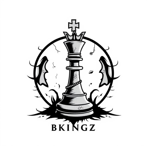 mockup design, Design a mockup for BKINGZ, a brand for young boys, blending simplicity with an edgy aesthetic. Incorporate "The Rook" chess piece as a key icon, emphasizing subtle royalty and strategy. Use distinctive features like cracks and chains, and explore applications such as embroidery and jewelry. Include emotional taglines like “Rebel in Silk” as striking graphic prints. The overall look should resonate with inspirations from Chrome Hearts, Off-White, Kith, and Marni, appealing to the young king's rebellious spirit.