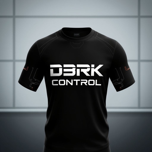 mockup design, Design a sleek black round neck top featuring the phrase "D3RK Control" prominently displayed in bold, futuristic typography across the chest. Incorporate subtle graphic elements like circuit patterns along the sleeves, and ensure the fabric has a modern, lightweight texture. Showcase the top against a minimalist urban backdrop for style context.