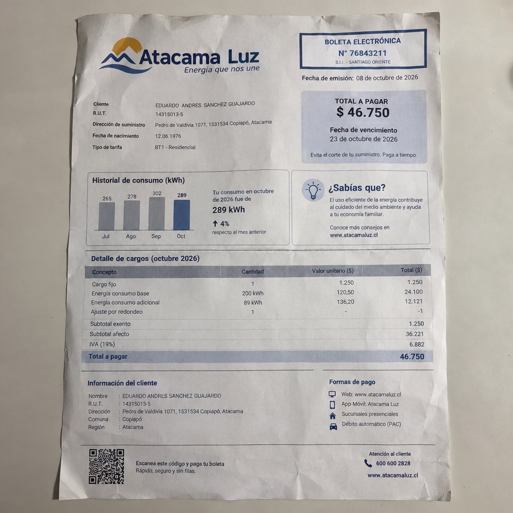 Create a statement, an electricity bill in CHILE. The A4 statement should be realistic, as if it were photographed on a phone. The document should be on a white background. The document must be for the last 3 months of October 2026. The document should contain several transactions and be wrinkled at the edges.
Name EDUARDO ANDRES SANCHEZ GUAJARDO
Address Pedro de Valdivia 1071, 1531534 Copiapó, Atacama
R.U.T. 14315013-5
Date of birth 12.06.1976