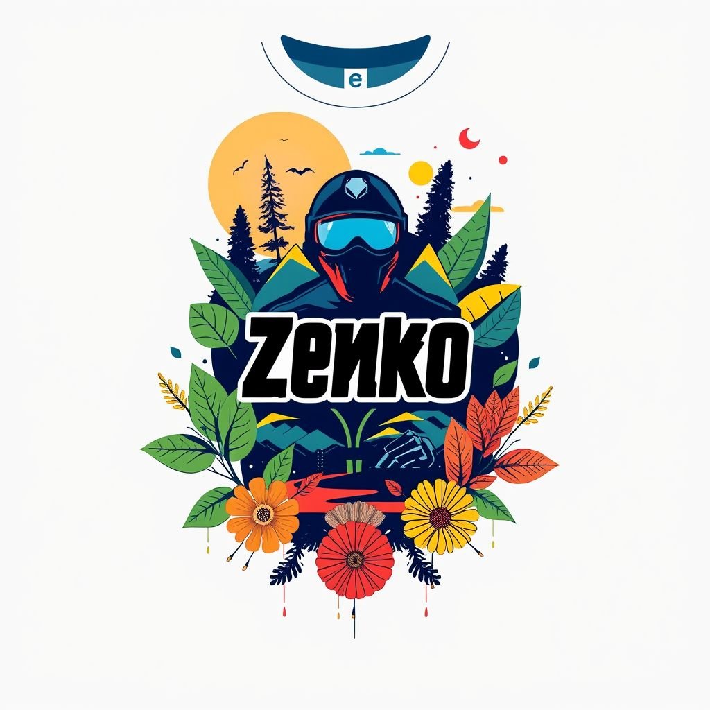 mockup design, Créez un t-shirt moderne et tendance destiné aux jeunes de 10 à 18 ans, avec le nom "Zenko" en police stylisée au centre. Utilisez une palette de couleurs vives et apaisantes, incorporant des motifs abstraits inspirés de la nature. Assurez des détails uniques comme des coutures contrastantes et une coupe oversize.