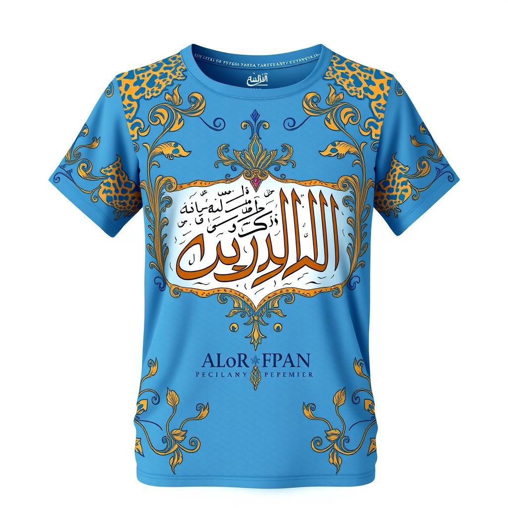 T-shirt design showcasing an elegant Arabic manuscript featuring the name "ريم" prominently. Vivid blue hues intertwine with exotic animal print patterns. Intricate typography themes embellish the fabric. Standard fit silhouette crafted from soft cotton material, complemented by a stylish off-shoulder neckline. A fusion of culture and contemporary fashion aesthetics.