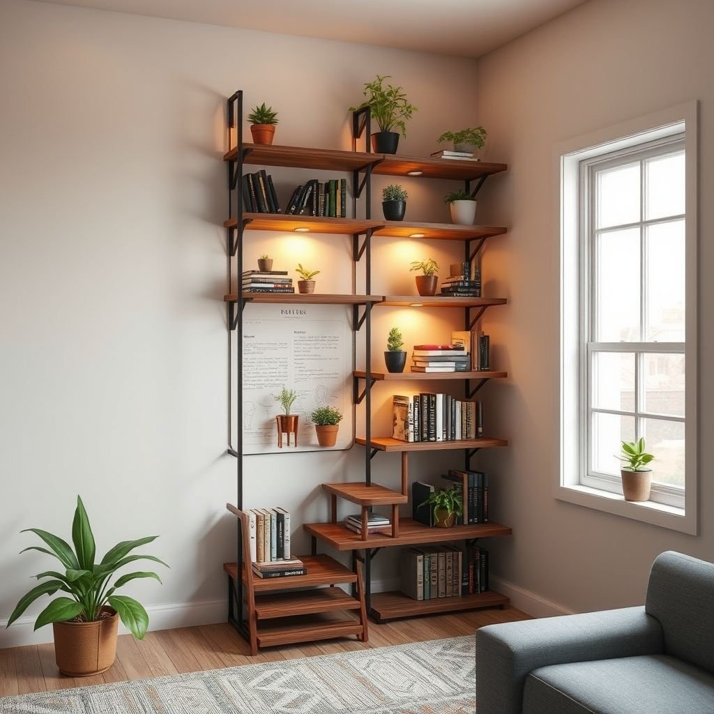mockup design, Design a whimsical 6-step fire escape resembling a bookshelf, cleverly positioned just 5 feet from a window. The stairs should mimic wooden shelves, adorned with potted plants and stacked books, creating a charming, imaginative escape route. Warm lighting casts gentle shadows, enhancing the cozy library-like ambiance while maintaining safety and functionality.