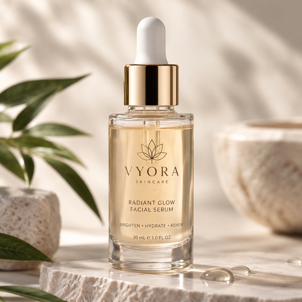 Create a premium, photorealistic cosmetic product mockup featuring a luxurious facial serum bottle with the provided logo prominently displayed on the front. The bottle should have an elegant, minimalist design, high-end skincare aesthetic, and realistic glass and liquid textures. Use a clean, sophisticated color palette with soft neutral tones.
Place the serum bottle on a refined studio surface with subtle shadows and elegant reflections. Add a few tasteful skincare-related elements such as soft botanical leaves, water droplets, or minimal natural textures, while keeping the composition clean and uncluttered.
The provided logo must be reproduced accurately, clearly visible, properly positioned, and naturally integrated into the product packaging. Do not alter, distort, redesign, or misspell the logo.
Luxury skincare advertising photography, soft diffused lighting, realistic materials, premium branding, subtle depth of field, high-end beauty campaign, elegant composition, ultra-detailed, photorealistic, 4K, commercial product photography.