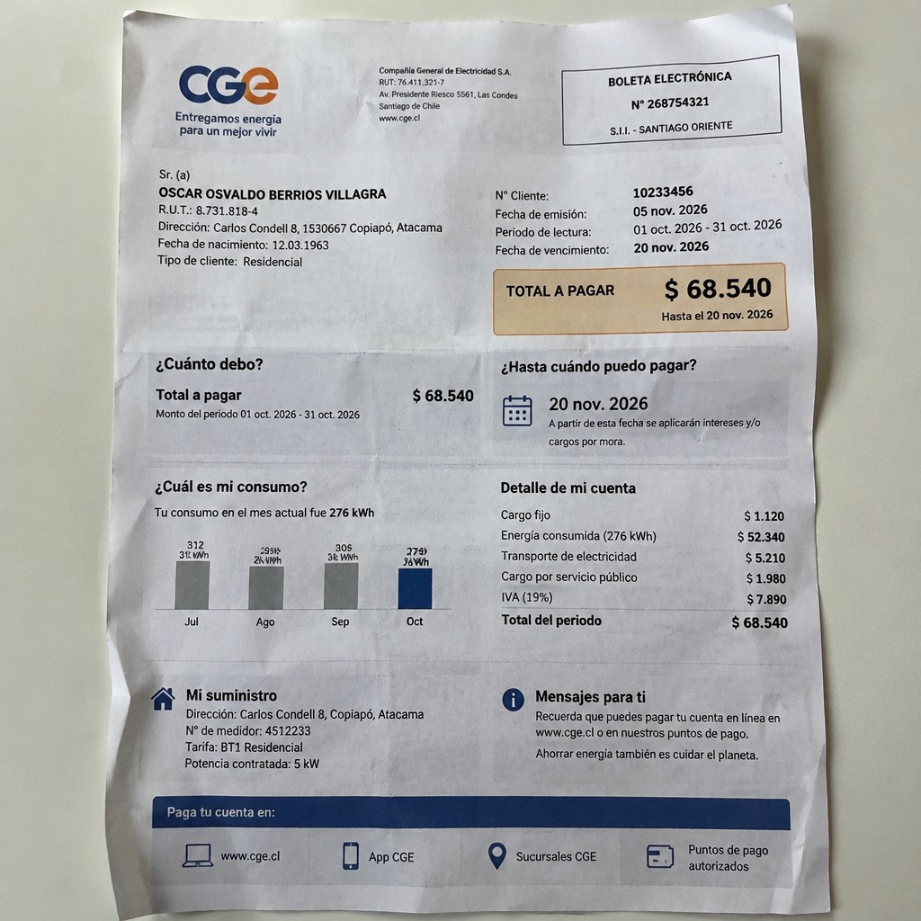 Create a statement, an electricity bill in CHILE. The A4 statement should be realistic, as if it were photographed on a phone. The document should be on a white background. The document must be for the last 3 months of October 2026. The document should contain several transactions and be wrinkled at the edges.
Name OSCAR OSVALDO BERRIOS VILLAGRA
Address Carlos Condell 8, 1530667 Copiapó, Atacama
R.U.T. 8731818-4
Date of birth 12.03.1963