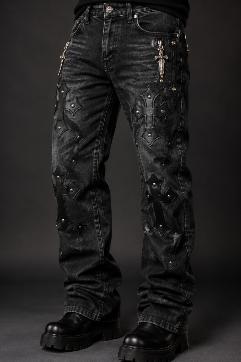 A close-up studio shot of luxury gothic streetwear denim jeans. The dark wash denim features overlapping black leather cross-shaped patches on the thighs and knees, intricate silver metal rivets, and silver dagger zipper pulls. High-fashion product photography, crisp focus, neutral dark studio background