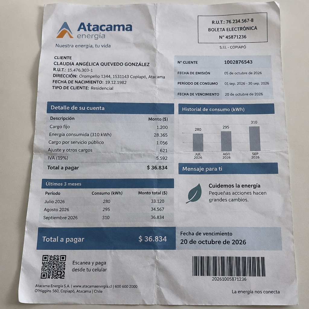 Create a statement, an electricity bill in CHILE. The A4 statement should be realistic, as if it were photographed on a phone. The document should be on a white background. The document must be for the last 3 months of October 2026. The document should contain several transactions and be wrinkled at the edges.
Name CLAUDIA ANGÉLICA QUEVEDO GONZÁLEZ
Address Orompello 1344, 1531143 Copiapó, Atacama
R.U.T. 15476303-1
Date of birth 19.12.1982