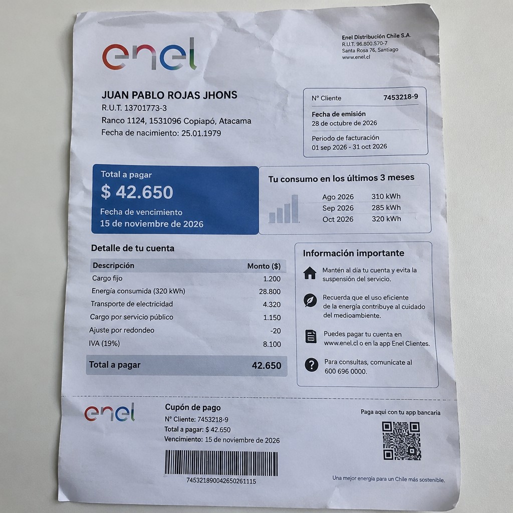 Create a statement, an electricity bill in CHILE. The A4 statement should be realistic, as if it were photographed on a phone. The document should be on a white background. The document must be for the last 3 months of October 2026. The document should contain several transactions and be wrinkled at the edges.
Name JUAN PABLO ROJAS JHONS
Address Ranco 1124, 1531096 Copiapó, Atacama
R.U.T. 13701773-3
Date of birth 25.01.1979