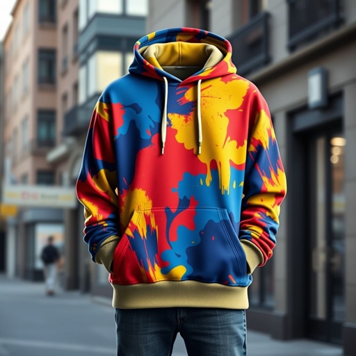 mockup design, Design an oversized hoodie featuring a vibrant, abstract pattern that blends bold colors like deep blue, fiery red, and bright yellow. Incorporate unique details such as kangaroo pockets, a contrasting oversized drawstring, and ribbed cuffs. Set the hoodie against a stylish urban backdrop to emphasize its trendy, relaxed vibe.