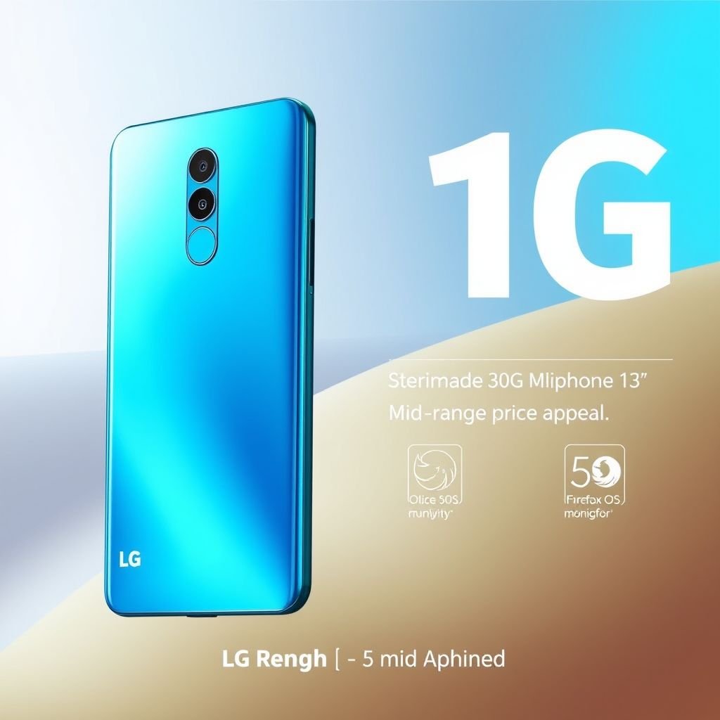 A sleek, modern LG smartphone with an iPhone 13 resemblance. A vibrant blue exterior, gleaming aluminum finish, and a 6.1-inch display. Stunning 40 MP camera prominently positioned on the rear. Futuristic design showcasing cutting-edge 5G technology. Firefox OS branding subtly highlighted. Mid-range pricing appeal, perfect for style-conscious users.