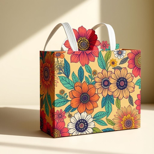 mockup design, Design a vibrant mockup of a rectangular box featuring an eye-catching print that complements a stylish tote bag. The box should showcase intricate floral patterns in bold colors, creating an inviting aesthetic. Include natural textures like kraft paper and soft shadows to enhance the visual appeal, perfect for retail display.
