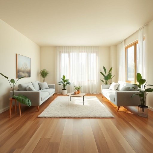 Interior scene featuring a spacious living room. Soft beige walls, light gray furniture, natural wooden accents. Large windows allowing gentle sunlight, sheer white curtains fluttering. A plush cream rug on polished oak flooring. Minimalist decor with scattered green plants, an inviting atmosphere exuding tranquility, stylish simplicity, and modern elegance in harmony.