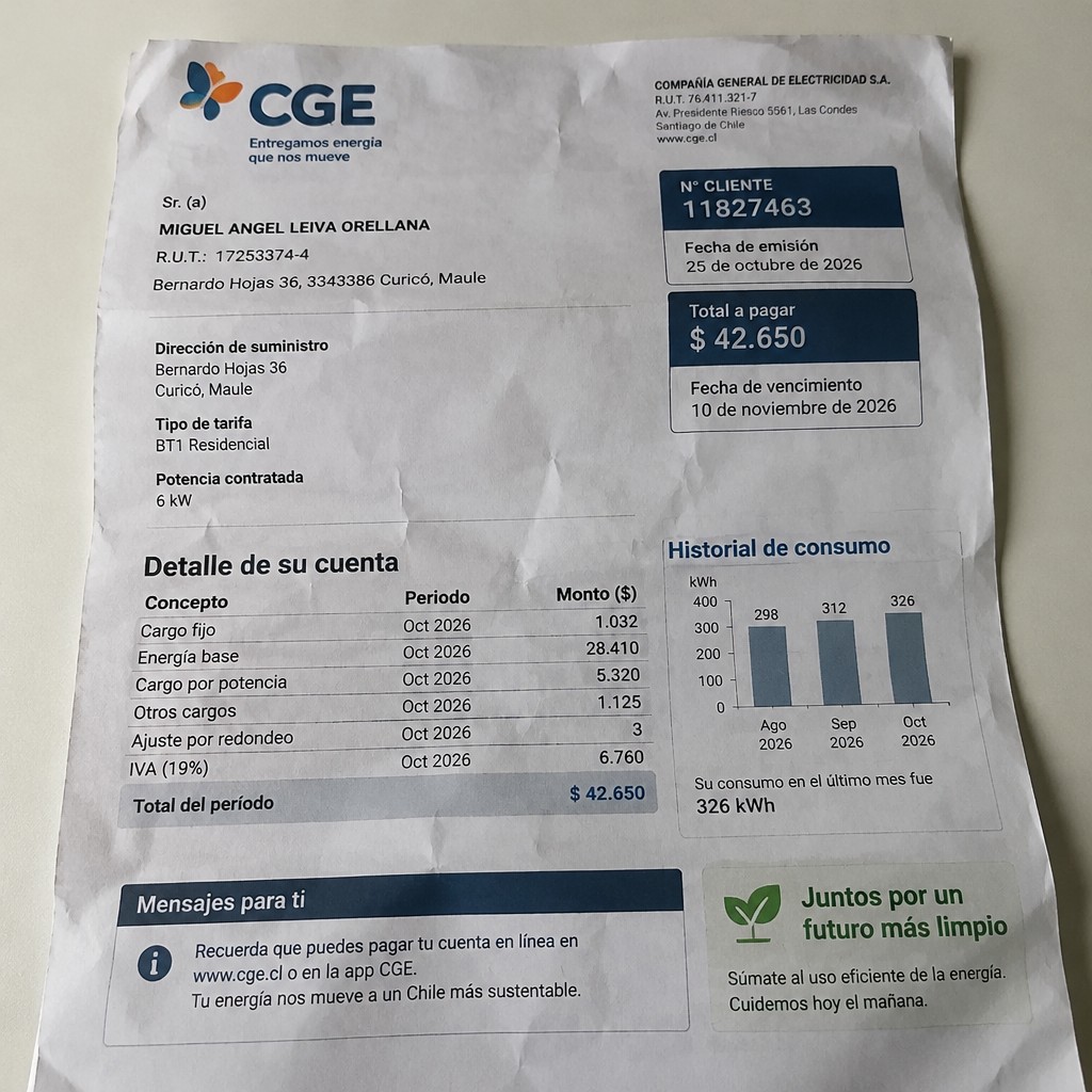 Create a statement, an electricity bill in CHILE. The A4 statement should be realistic, as if it were photographed on a phone. The document should be on a white background. The document must be for the last 3 months of October 2026. The document should contain several transactions and be wrinkled at the edges.
Name MIGUEL ANGEL LEIVA ORELLANA
Address
Bernardo Hojas 36, 3343386 Curicó, Maule
R.U.T. 17253374-4
Date of birth 27.09.1989
Date of discharge 25.10.2026 (OCTOBER 2026)