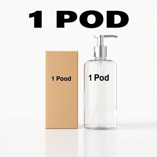 mockup design, Create a minimalist luxury handwash bottle mockup featuring a sleek clear glass bottle with a stylish metallic silver pump. Positioned next to a rugged natural kraft cardboard box, both display centered black text reading "1 Pod" in striking large bold font. Set against a pristine white background, evoke modern elegance and premium quality. Showcase subtle reflections to enhance sophistication.