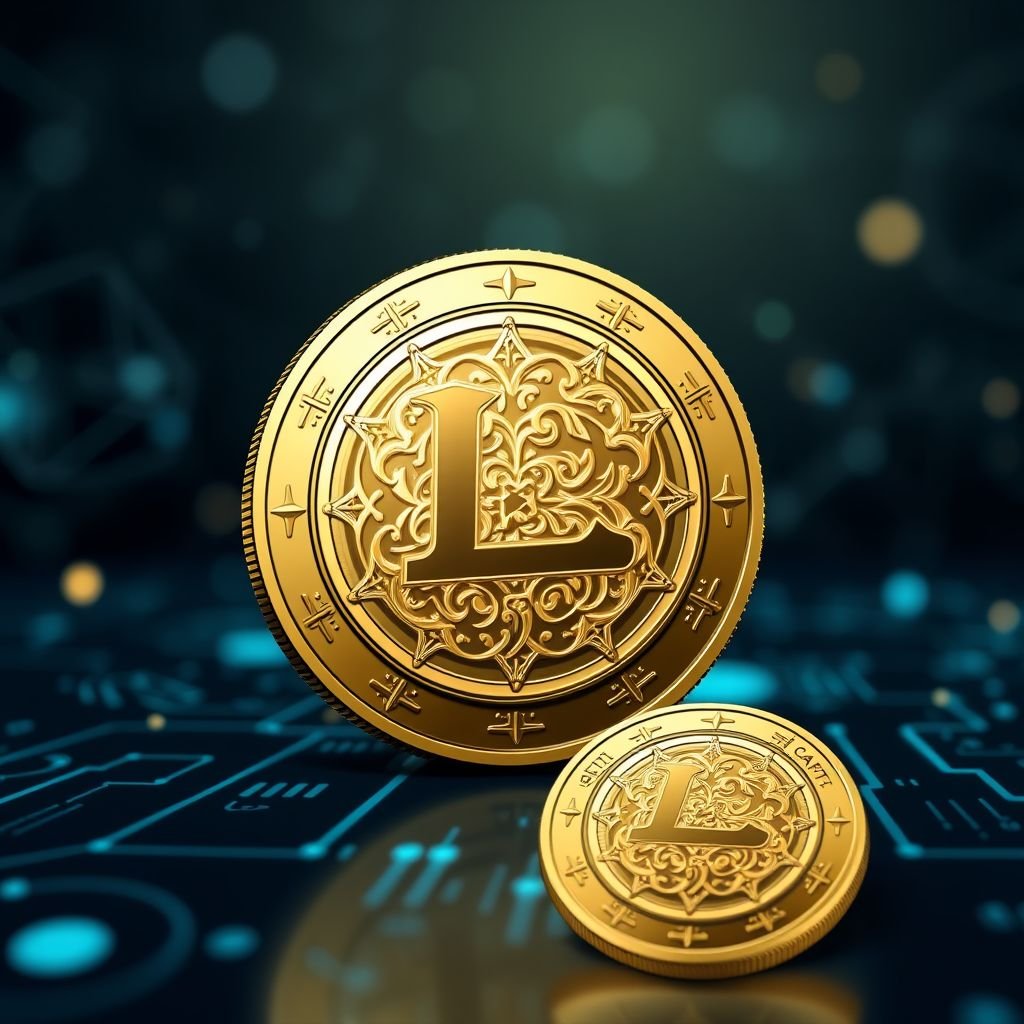 mockup design, Design a sleek and modern mockup for the "Legat Coin," featuring an intricate emblem that symbolizes integrity and prosperity. Use a metallic gold finish with intricate patterns, surrounded by a digital backdrop representing innovation. Showcase the coin at different angles, highlighting its unique texture and weight, appealing to collectors and investors alike.