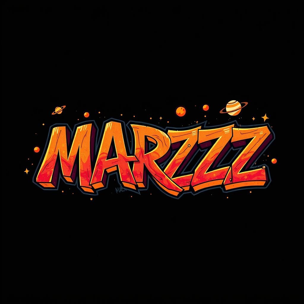 mockup design, Create a vibrant mockup featuring the word "MARZZ" styled in an authentic 90's graffiti font. Each letter should be intricately formed using swirling, colorful textures that resemble the planet Mars, incorporating red and orange hues. Add playful splashes of astrological elements, like stars and planets, to enhance the retro urban vibe.