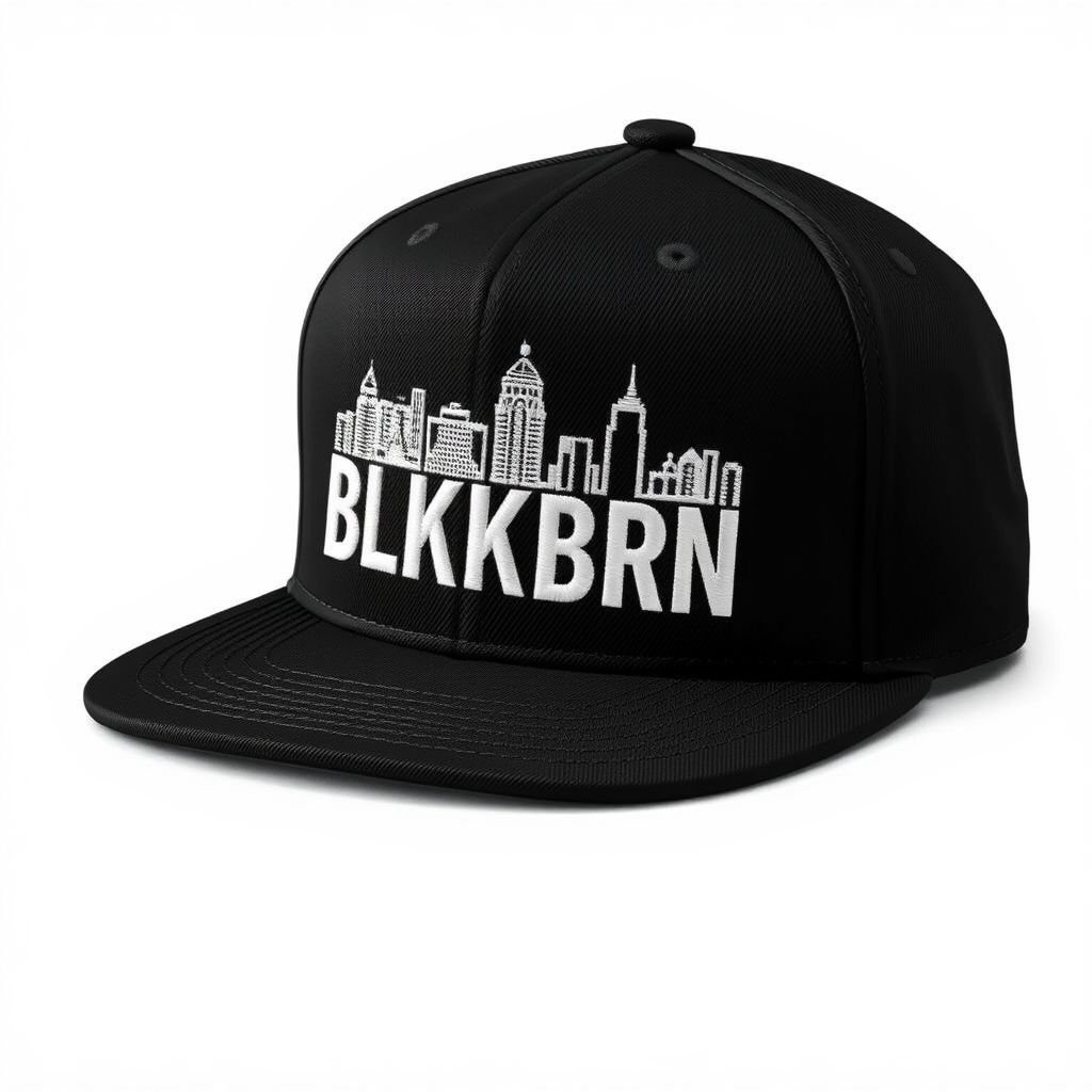 mockup design, Create a stylish black hat featuring the BLKBRN brand name prominently displayed on the front. Behind the brand name, incorporate a detailed skyline design, intricately embroidered in all-white threads. The contrast between the sleek black fabric and the crisp white embroidery should create a modern, chic aesthetic perfect for urban fashion enthusiasts.