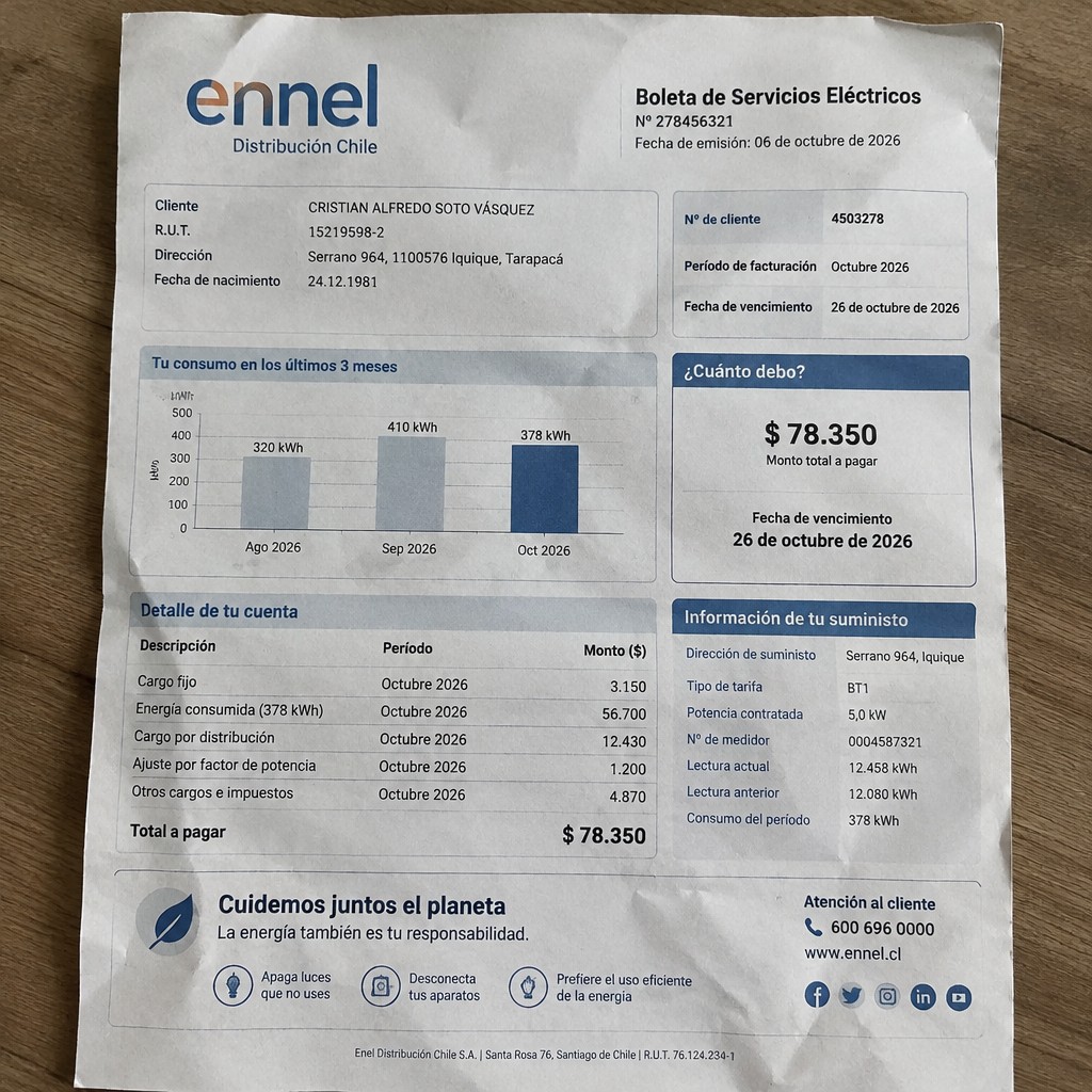 Create a statement, an electricity bill in CHILE. The A4 statement should be realistic, as if it were photographed on a phone. The document should be on a white background. The document must be for the last 3 months of October 2026. The document should contain several transactions and be wrinkled at the edges.
Name CRISTIAN ALFREDO SOTO VÁSQUEZ
Address Serrano 964, 1100576 Iquique, Tarapacá
R.U.T. 15219598-2
Date of birth 24.12.1981