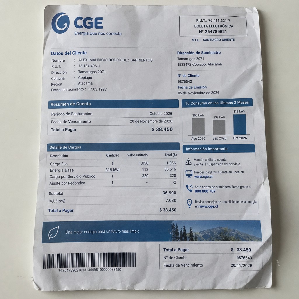 Create a statement, an electricity bill in CHILE. The A4 statement should be realistic, as if it were photographed on a phone. The document should be on a white background. The document must be for the last 3 months of October 2026. The document should contain several transactions and be wrinkled at the edges.
Name ALEXI MAURICIO RODRÍGUEZ BARRIENTOS
Address Tamarugos 2071, 1533472 Copiapó, Atacama
R.U.T. 13134496-1
Date of birth 17.03.1977
