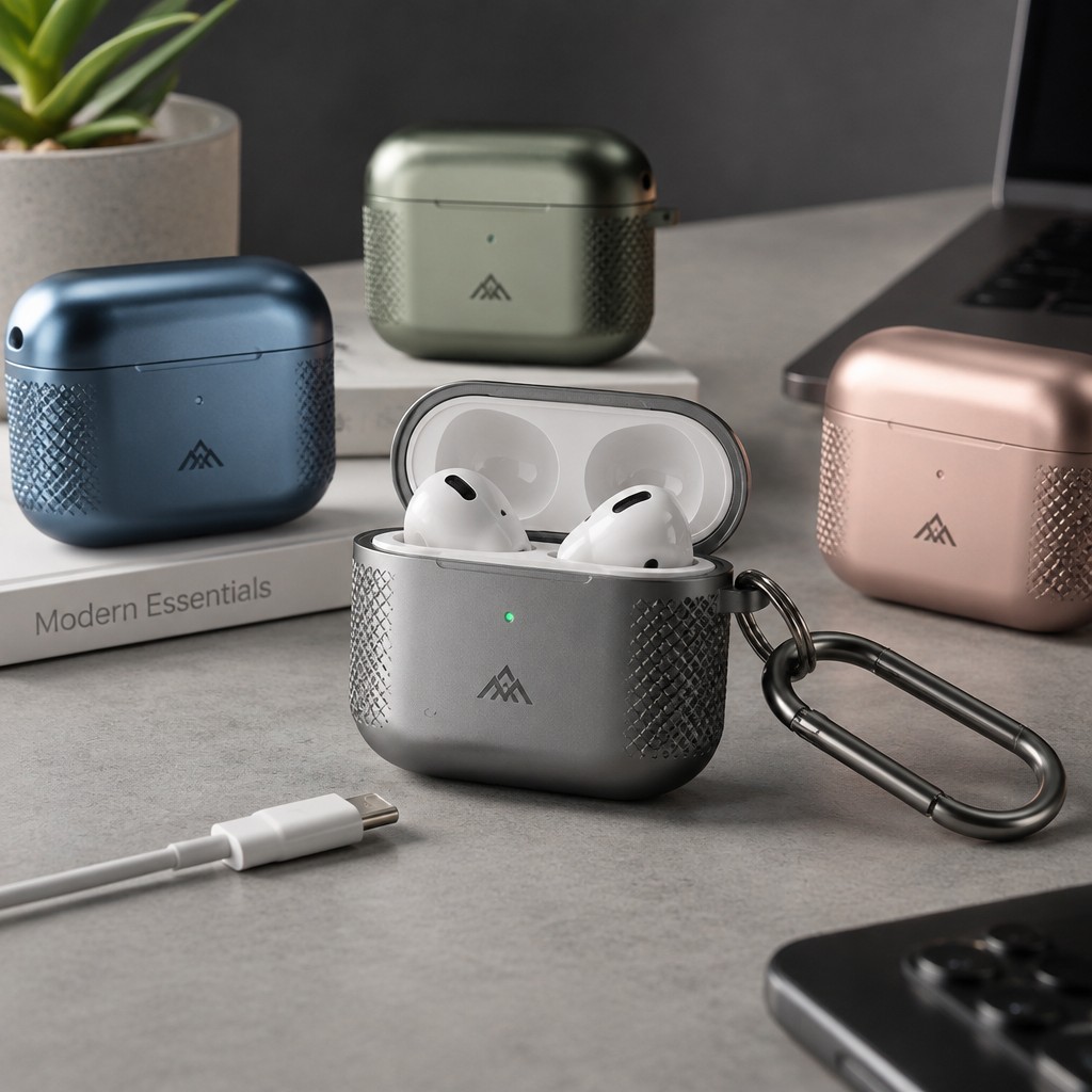 Create a realistic product mockup based on these instructions:
Design an innovative AirPod case that combines functionality and style. Imagine a sleek, minimalist design with a metallic finish and textured grip for easy handling. Incorporate a detachable keychain for portability, customizable color options, and a built-in charging port. The case should seamlessly blend modern aesthetics with everyday practicality.
Create a professional, photorealistic mockup scene. If the instructions mention a design,
artwork, logo, print or graphic, invent an original, fitting design and integrate it onto the
product realistically with proper perspective, lighting and material texture. Only show a clean,
undecorated product if the instructions explicitly ask for a blank or plain product.