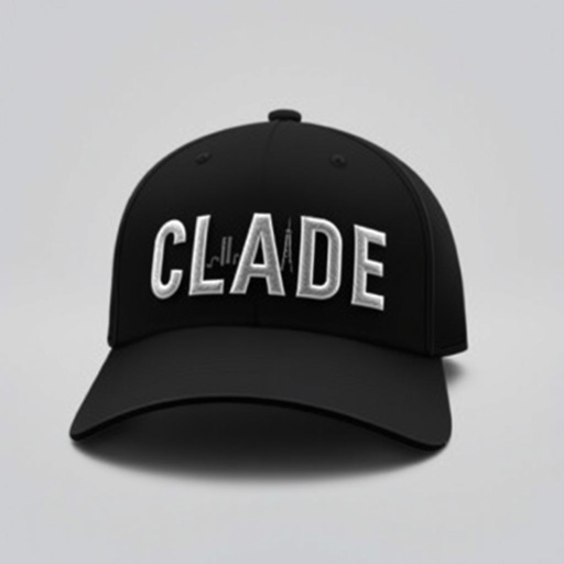 mockup design, Design a sleek black hat featuring the CLADE brand name boldly embroidered on the front. Behind the brand name, incorporate a detailed skyline silhouette in a contrasting color that gives depth and sophistication. The overall look should be modern and stylish, appealing to urban fashion enthusiasts and conveying a sense of cosmopolitan flair.