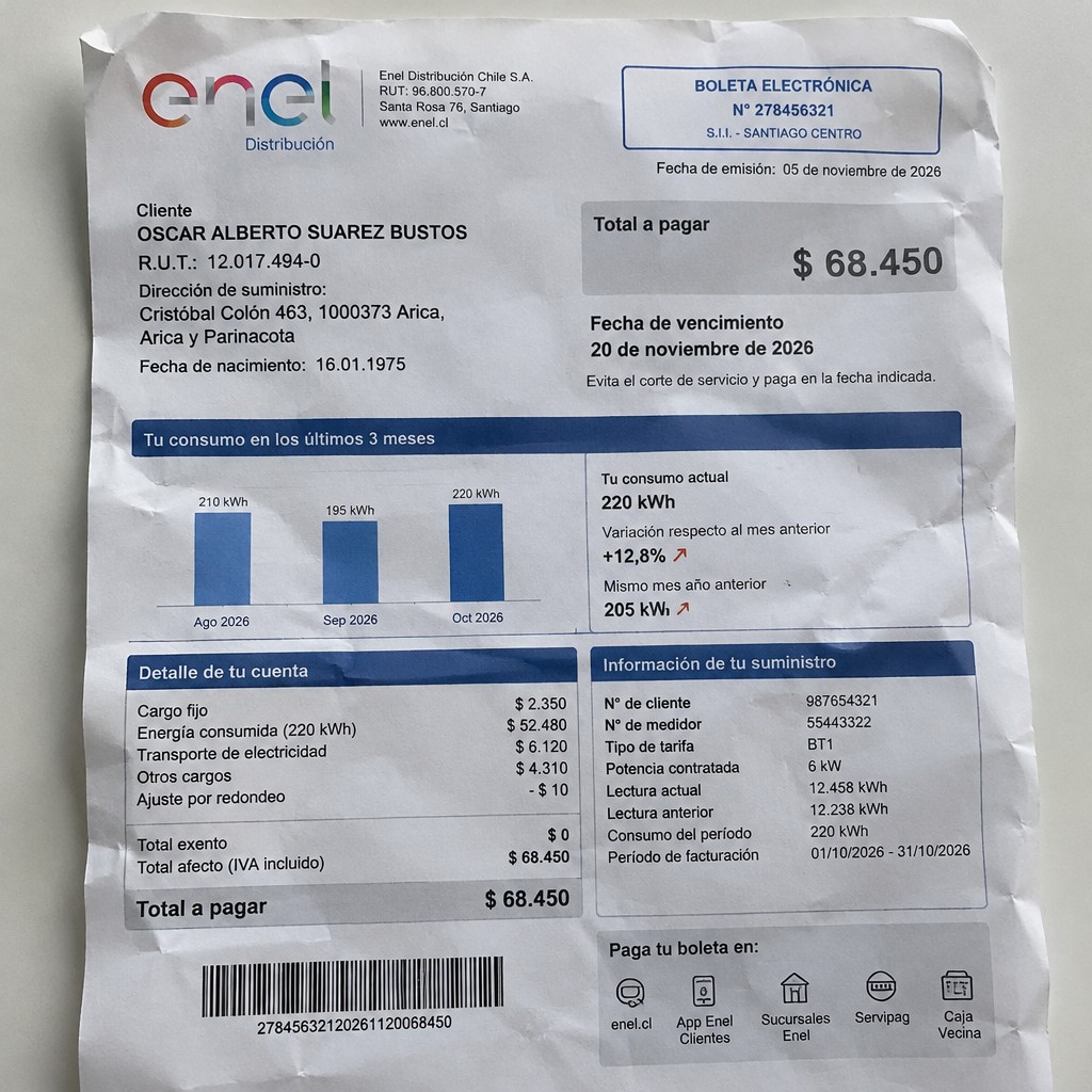 Create a statement, an electricity bill in CHILE. The A4 statement should be realistic, as if it were photographed on a phone. The document should be on a white background. The document must be for the last 3 months of October 2026. The document should contain several transactions and be wrinkled at the edges.
Name OSCAR ALBERTO SUAREZ BUSTOS
Address Cristóbal Colón 463, 1000373 Arica, Arica y Parinacota
R.U.T. 12017494-0
Date of birth 16.01.1975