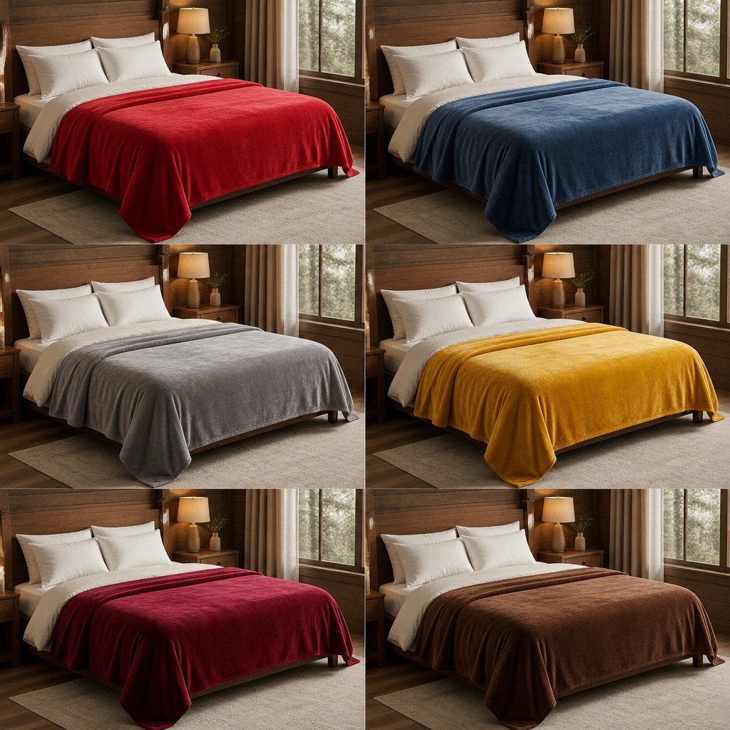 Create a realistic product mockup based on these instructions:
Design a cozy bedroom scene featuring six neatly made beds, each adorned with a different-colored fleece blanket mockup. The colors should include vibrant red, calming blue, soft grey, rich golden, deep burgundy, and warm brown. Ensure the blankets are free of any text, showcasing their luxurious textures and hues.
Create a professional, photorealistic mockup scene. If the instructions mention a design,
artwork, logo, print or graphic, invent an original, fitting design and integrate it onto the
product realistically with proper perspective, lighting and material texture. Only show a clean,
undecorated product if the instructions explicitly ask for a blank or plain product.