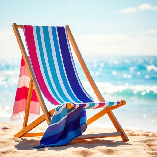 mockup design, Design a vibrant beach scene featuring a stylish beach chair with a colorful towel draped over it. The sand should be a golden hue, gently blended with a blurred background of sparkling blue waves and a bright sunny sky. Add soft, inviting shadows for a realistic touch, evoking a feeling of relaxation.