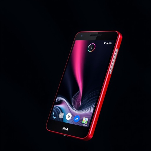 A striking LG Lumia 950 smartphone, vivid red exterior, sleek aluminum casing. Impressive 6.0-inch display, 32 MP camera capturing moments with clarity. Robust 4500 mAh battery ensuring longevity. Dual SIM functionality for versatility. Sailfish OS interface, elegant and sophisticated. A luxurious piece of technology, showcasing premium craftsmanship and modern design.