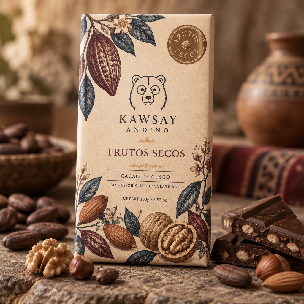 Keep the warm ivory packaging base #F2E6CF, combined with Andean blue #243C5A, warm gold #D3A63A, deep burgundy #7A2635 and cacao brown #30201A.
Introduce elegant hand-drawn botanical illustrations of almonds, hazelnuts, walnuts and cacao pods, integrated with Andean leaves and flowers. The nut illustrations should be natural, refined and line-art based, matching the handcrafted botanical style of the reference.
Keep the minimal continuous-line spectacled Andean bear logo exactly in the central area, followed by “KAWSAY ANDINO”.
Clearly display “FRUTOS SECOS” as the main flavor identification, using elegant serif typography and keeping it moderately sized.
Include “CACAO DE CUSCO”, “SINGLE-ORIGIN CHOCOLATE BAR”, and “NET WT 100g / 3.53 oz”.
Add a refined circular seal reading “FRUTOS SECOS”, visually consistent with the bronze cacao percentage seal in the reference.
Keep the design premium, artisanal, elegant and distinctly Andean, with plenty of clean negative space. Avoid excessive nuts, excessive text or a crowded composition.
Place the package on the same rustic stone surface, with the same neutral blurred background and warm natural lighting. Add several realistic cacao beans and a few subtle nuts in the foreground, plus a broken piece of dark chocolate containing visible nuts beside the package.
Photorealistic premium chocolate advertising photography, realistic packaging texture, warm cinematic lighting, shallow depth of field, sophisticated Peruvian chocolate branding.