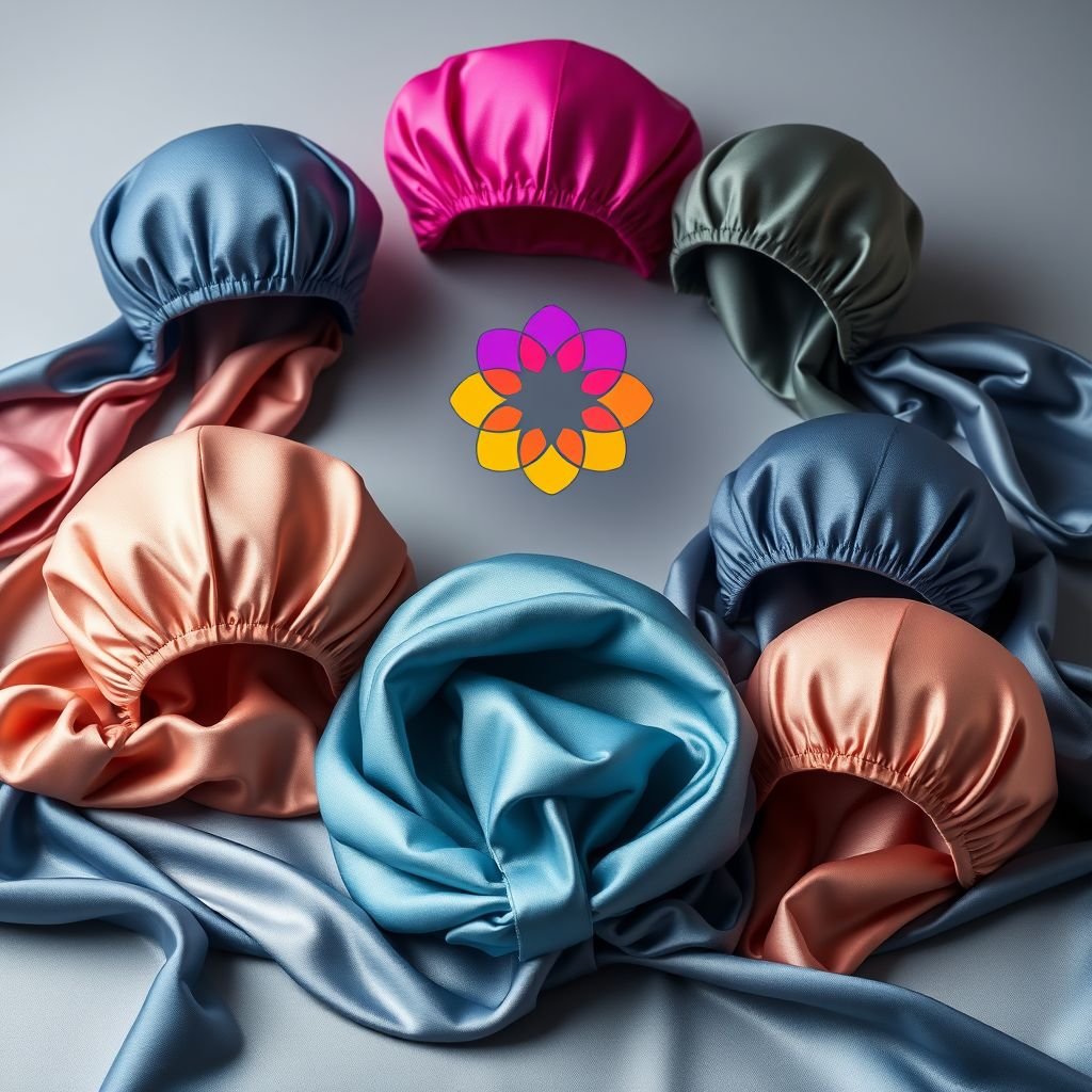 mockup design, Design a luxurious mockup featuring elegant silk hair bonnets displaying a vibrant custom logo prominently on the front. Incorporate an inviting color palette, showcasing various styles and sizes of bonnets. Use soft lighting to highlight the sheen of the silk fabric, creating a feeling of sophistication and comfort.