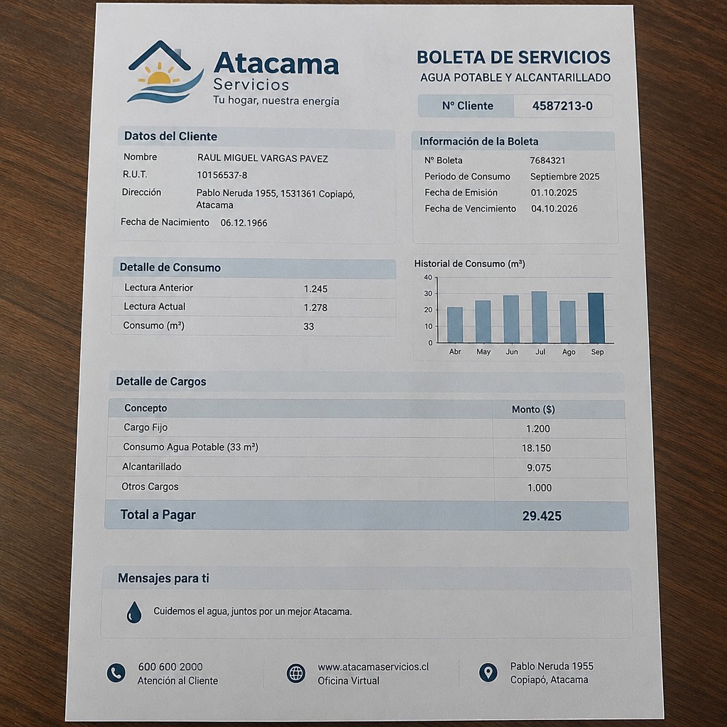 Create realistic bank statement or housing and communal services. if it were photographed on a phone. The A4 sheet should fit completely into the screen.
Name RAUL MIGUEL VARGAS PAVEZ
Address
Pablo Neruda 1955, 1531361 Copiapó, Atacama
R.U.T. 10156537-8
Date of birth 06.12.1966
Date of discharge 04.10.2026 (OCTOBEDR 2026)
