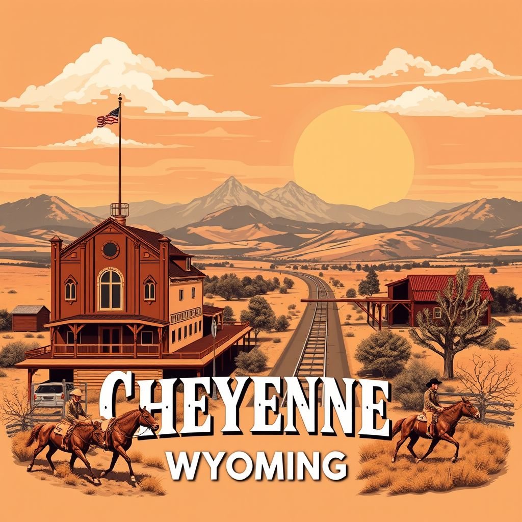 mockup design, Design a vibrant mockup showcasing the essence of Cheyenne, Wyoming. Incorporate iconic landmarks like the Cheyenne Depot and the surrounding rolling plains. Use warm, earthy tones to reflect the Western charm. Include elements representing local culture, such as rodeo imagery and native wildlife, blending tradition with modern aesthetics to captivate viewers.