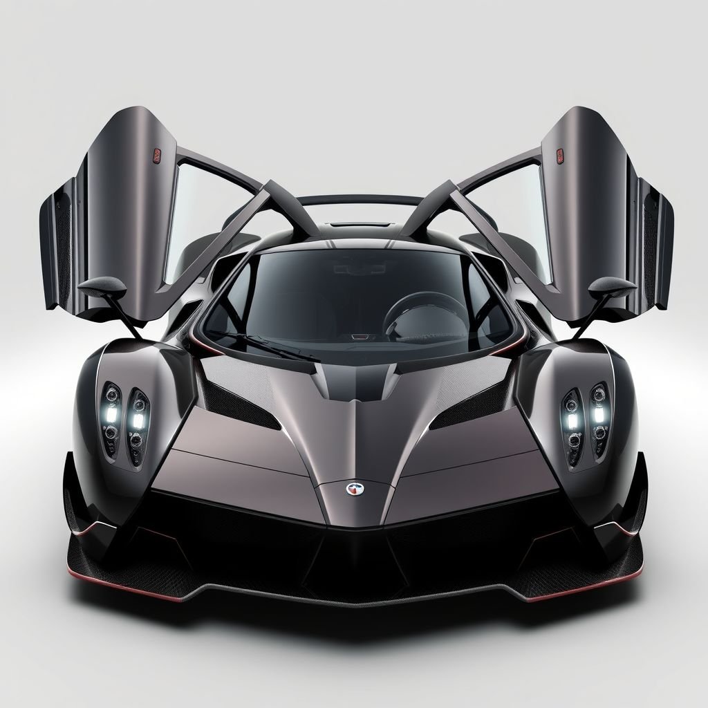 mockup design, Create a mockup design of a hypercar that seamlessly blends art and engineering, akin to a Pagani. Emphasize a sculpted carbon fiber body with aerodynamic curves, signature gullwing doors, and intricate LED headlights. Highlight a powerful twin-turbo V12 engine, luxurious interior details, and aggressive styling that captivates automotive enthusiasts.