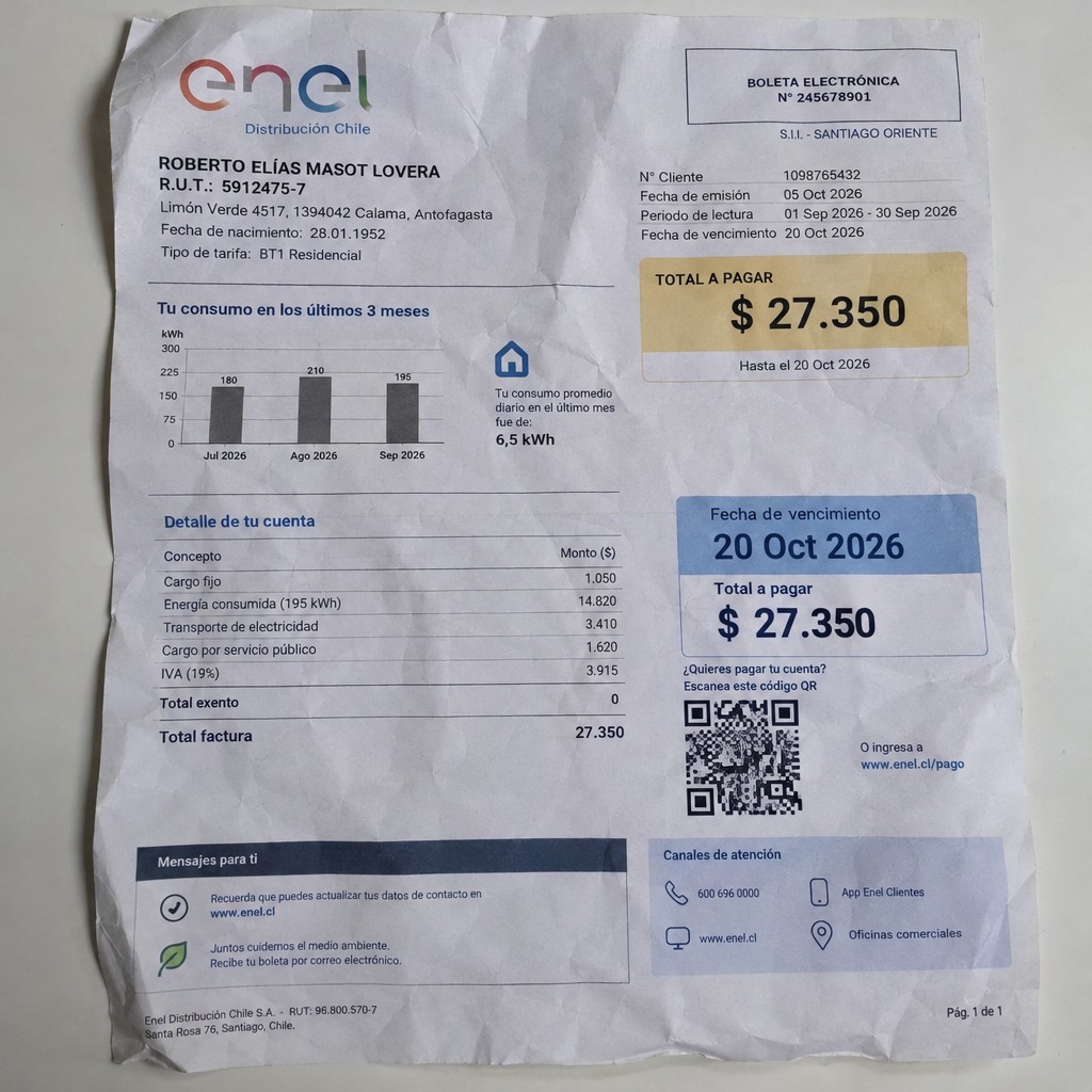 Create a statement, an electricity bill in CHILE. The A4 statement should be realistic, as if it were photographed on a phone. The document should be on a white background. The document must be for the last 3 months of October 2026. The document should contain several transactions and be wrinkled at the edges.
Name ROBERTO ELÍAS MASOT LOVERA
Address Limón Verde 4517, 1394042 Calama, Antofagasta
R.U.T. 5912475-7
Date of birth 28.01.1952