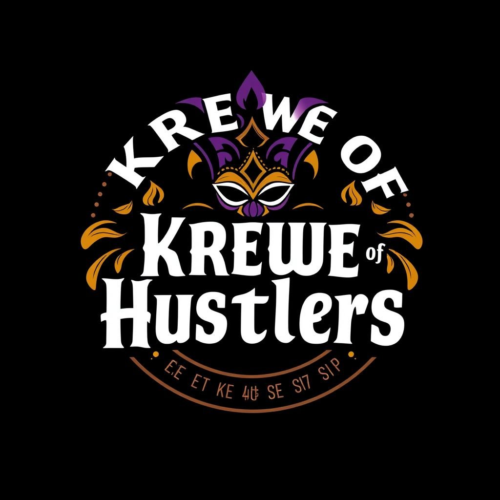 mockup design, Create a bold logo for the unisex streetwear brand "Krewe Of Hustlers." Incorporate elements of New Orleans culture, like Mardi Gras masks or vibrant colors, to reflect the festive lifestyle of urban millennials and Gen Z. Include modern typography that resonates with both streetwear enthusiasts and family-friendly shoppers. Consider a circular design for versatility across clothing and accessories.