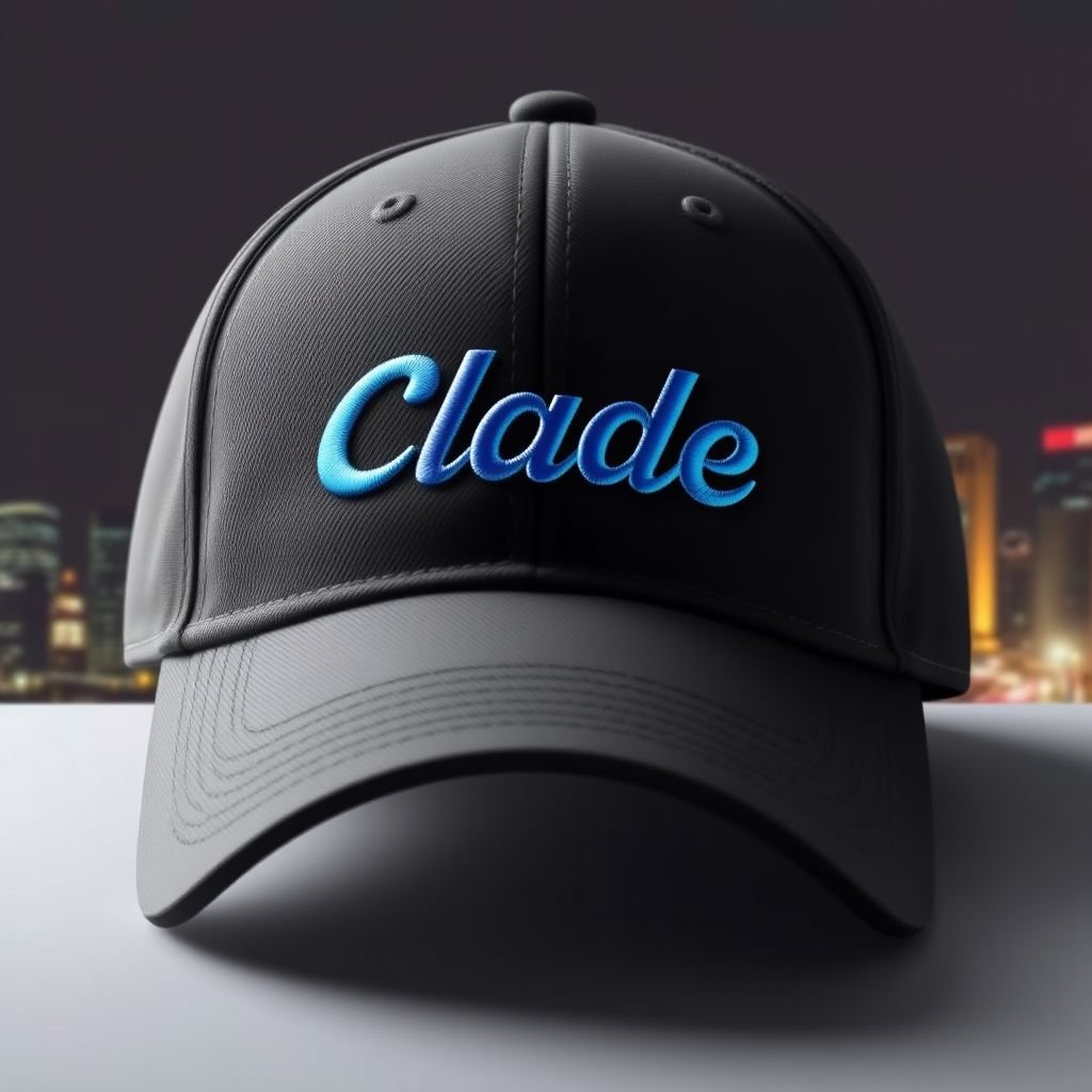 mockup design, Design a stylish baseball hat featuring the brand name "Clade" prominently embroidered on the front. Incorporate a vibrant city skyline as a subtle background graphic that highlights urban culture. Use a modern, sleek font for "Clade" in contrasting colors, ensuring it stands out against the cap's fabric for maximum impact.
