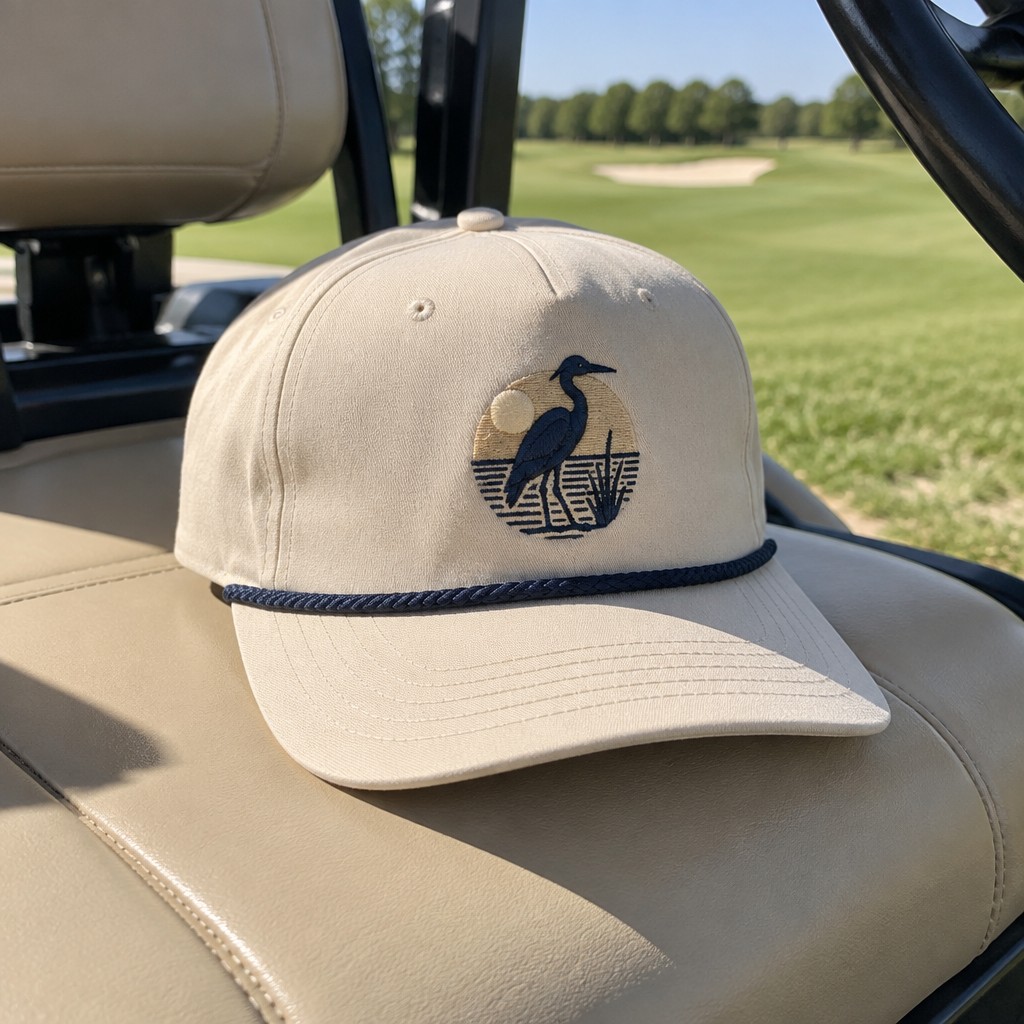 A stone beige rope hat with contrast navy rope trim resting on a golf cart seat in bright afternoon sun, featuring a tasteful sample brand design embroidered on the front, no watermarks, no text overlays