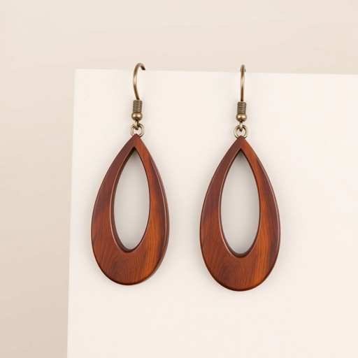 A captivating earring mockup featuring an elegant dangle style. Crafted from rich, polished wood, the earrings showcase a beautifully defined oval shape. The deep brown hue exudes warmth and sophistication, with smooth lines and intricate grain patterns enhancing their natural charm. A minimalist presentation on a soft, neutral background.