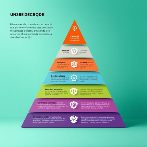 mockup design, Crie um design visual em formato de pirâmide, com camadas que representem diferentes níveis de informação. A base deve ser ampla e colorida, simbolizando a fundação sólida de dados, enquanto cada camada superior se torna progressivamente mais estreita e monocromática, destacando conceitos-chave. Inclua ícones ilustrativos em cada seção.