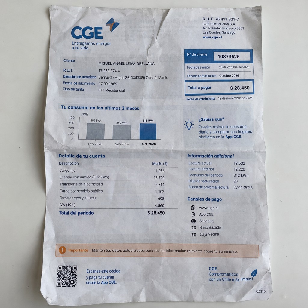 Create a statement, an electricity bill in CHILE. The A4 statement should be realistic, as if it were photographed on a phone. The document should be on a white background. The document must be for the last 3 months of October 2026. The document should contain several transactions and be wrinkled at the edges.
Name MIGUEL ANGEL LEIVA ORELLANA
Address
Bernardo Hojas 36, 3343386 Curicó, Maule
R.U.T. 17253374-4
Date of birth 27.09.1989
Date of discharge 28.10.2026 (OCTOBER 2026)
