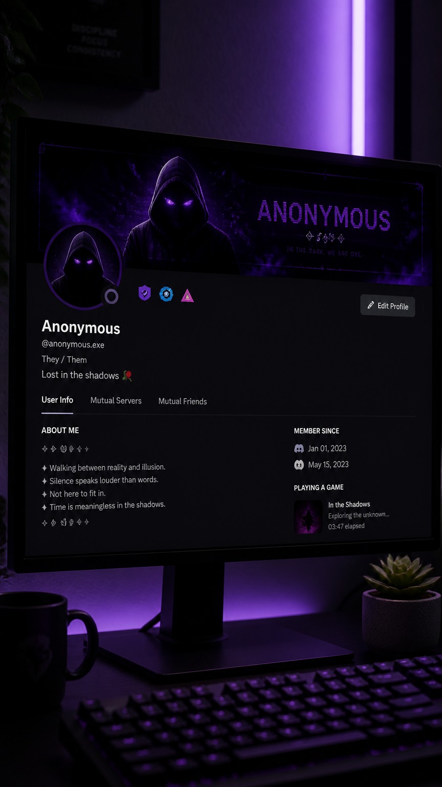 A highly detailed Discord profile mockup with a dark black and deep purple aesthetic. Display name: "Anonymous". A mysterious faceless hooded avatar with glowing purple eyes. A matching dark profile banner with subtle smoke, neon purple lighting and glitch effects. Include a stylish @username, pronouns, custom status saying "Lost in the shadows 🥀", Discord badges, a clean About Me section with mysterious symbols, and a modern gaming profile layout. Make everything look realistic, premium, mysterious, and clean, like a professional Discord profile. No Nitro branding.