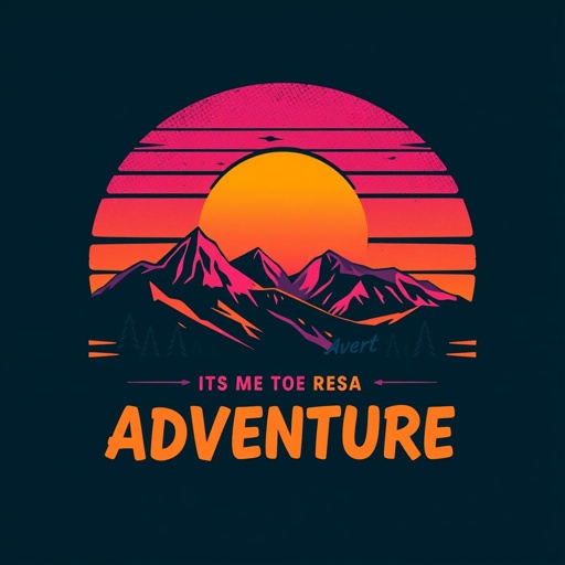 mockup design, Design a bold and vibrant t-shirt featuring a retro-inspired graphic of a sun setting behind majestic mountains. Utilize a color palette of warm oranges, deep purples, and soft pinks. Incorporate a motivational quote about adventure in a playful font, ensuring the design is eye-catching and perfect for outdoor enthusiasts.