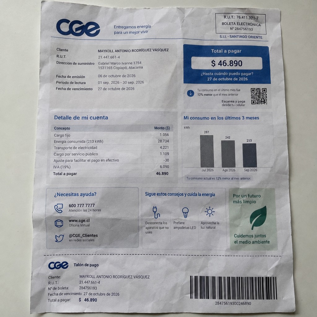 Create a statement, an electricity bill in CHILE. The A4 statement should be realistic, as if it were photographed on a phone. The document should be on a white background. The document must be for the last 3 months of October 2026. The document should contain several transactions and be wrinkled at the edges.
Name MAYKOLL ANTONIO RODRÍGUEZ VÁSQUEZ
Address Gabriel Marco Ivanne 1754, 1531165 Copiapó, Atacama
R.U.T. 21447661-4
Date of birth 13.11.2003